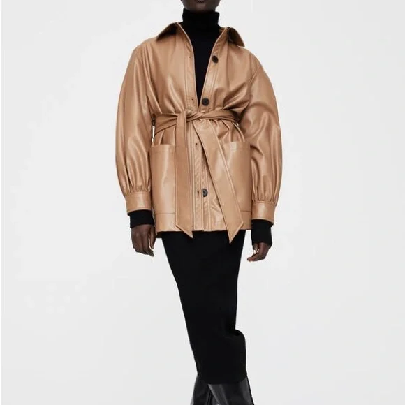 ZARA Faux Leather Belted Overshirt - Picture 4 of 10